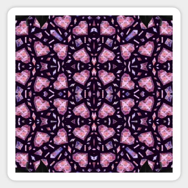 Crystal Hearts and Flowers Valentines Kaleidoscope pattern (Seamless) 3 Sticker by Swabcraft